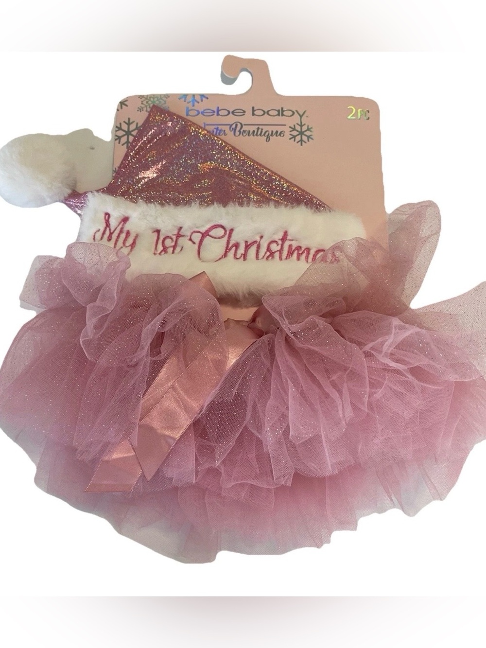 Bebe Baby 0-12m My First Christmas Pink Glitter Tutu Hat Set bebe Photoshoot